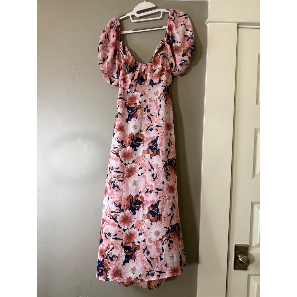 Max + Ash Pink Floral Puff Sleeve Open Back Midi Dress Size L 3WBUF1823